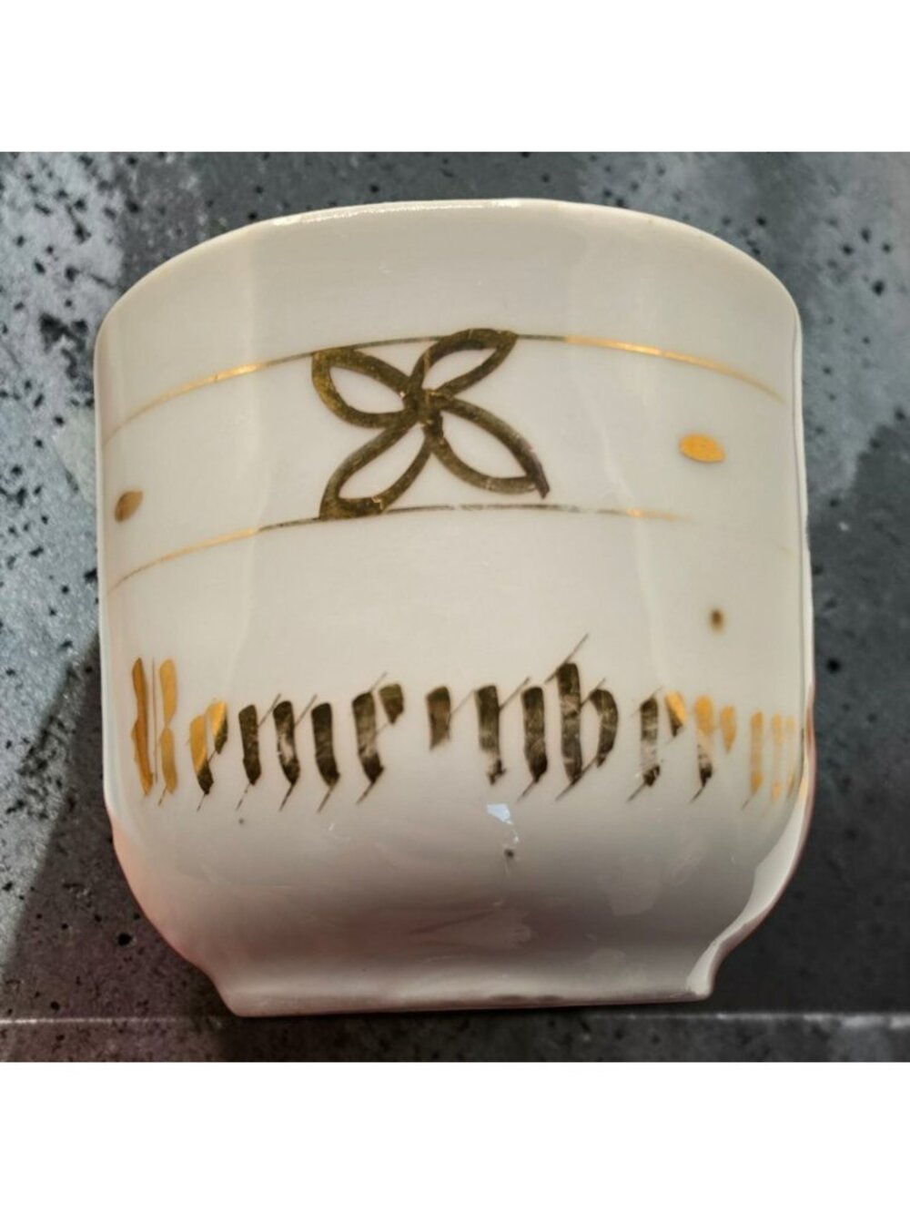 Antique White Porcelain Cup Gold Accents & "Remember" Design Vintage Germany